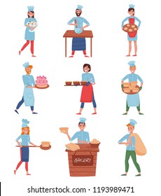 Flat vector set of professional chefs or bakers in different actions. Cartoon people characters in chef s uniform