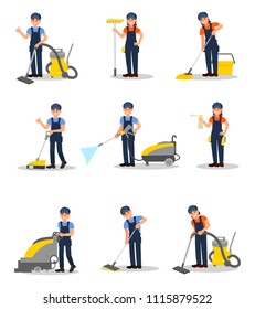 Flat vector set of professional cleaners with different equipment. Young men and women in working uniform. Cleaning company, service