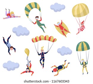 Flat vector set of professional skydivers. Extreme sport. Young wingsuit jumper. Active recreation. Skydiving theme Flat vector set of professional skydivers. Extreme sport. Young wingsuit jumper. Active recreation. Skydiving theme