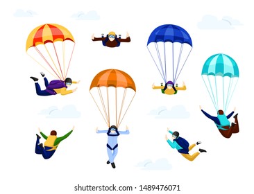 Flat vector set of professional skydivers. flying with parachutes set, extreme parachuting sport and skydiving concept vector Illustrations on a white background