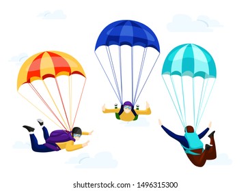Flat vector set of professional skydivers. flying with parachutes set, extreme parachuting sport and skydiving concept vector Illustrations on a white background