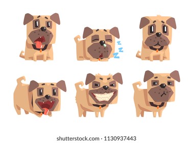 Flat vector set of pug with different emotions. Funny cartoon character. Domestic dog. Emoji for social network, t-shirt print or postcard