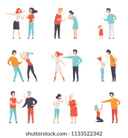Flat vector set of quarreling people. Loud public scandal. Men and women screaming at each other. Negative emotions and disagreements