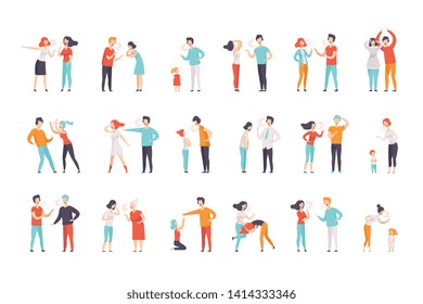 Flat vector set of quarreling people. Women and men loudly screaming at each other. Mothers scolding children. Negative emotions and conflicts