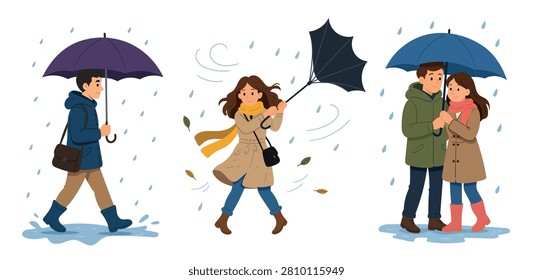Flat vector set of rainy weather scenes featuring a man walking with an umbrella, a woman battling strong wind, and a couple sharing shelter in the rain.