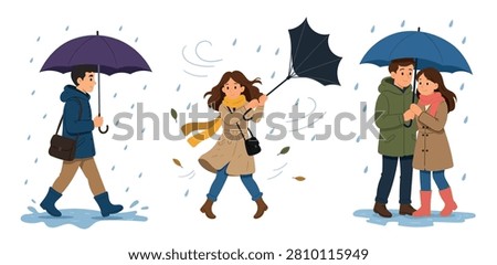 Flat vector set of rainy weather scenes featuring a man walking with an umbrella, a woman battling strong wind, and a couple sharing shelter in the rain.