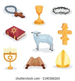 Flat vector set of religious symbols and objects. Jewish prayer book, Torah scroll, lamb and various church attributes