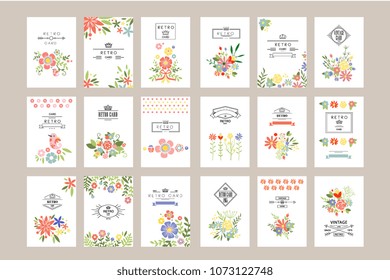 Flat vector set of retro card templates with different flowers. Beautiful blooming plants. For wedding invitation, postcard cover or banner