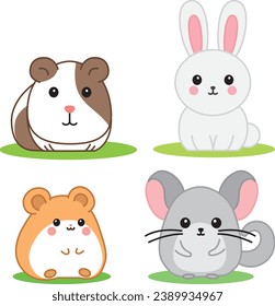 Flat vector set of rodents with rabbit, hamster, guinea pig, chinchilla. Cute kawaii domestic mammal animals. 