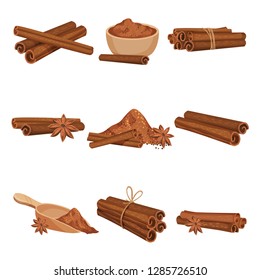 Flat vector set of rolled cinnamon sticks and powder. Aromatic condiment for food and drinks. Fragrant spice