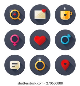 Flat vector set of round dating app icons with long shadows. Romantic relationship pictograms perfect for Valentine's Day messages or love mail