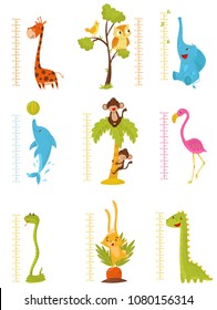 Flat vector set of rulers for measuring kids growth with cute animals and birds. Decorative meter wall stickers for children room