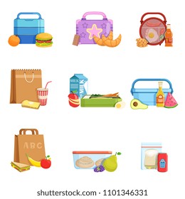 Flat vector set of school lunch boxes and bags with food and drinks. Tasty meal for kids