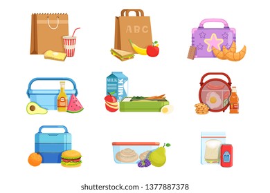 Flat vector set of school lunch boxes and bags with food and drinks. Tasty meal for kids