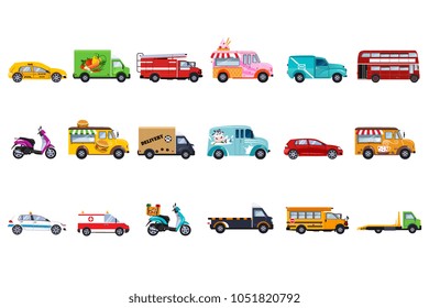 Flat vector set of service vehicles. Police car, taxi, fire engine, ambulance, delivery truck, tourist and school bus, ice cream, fast food and coffee vans