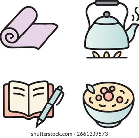 Um conjunto de vetor plano mostrando uma esteira de ioga enrolada, uma chaleira de chá a vapor, um caderno aberto com caneta e uma tigela de cereal.