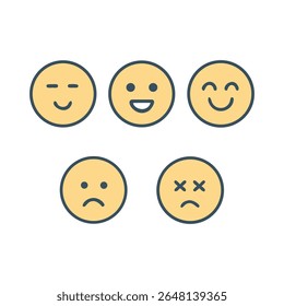 Een platte vectorset van eenvoudige emoji-gezichtspictogrammen die emoties zoals geluk, verdriet, neutraliteit en uitputting tonen. Ideaal voor gebruikersinterface, chat, feedbackformulieren of op emotie gebaseerde afbeeldingen.