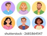 Flat vector set of six diverse people character portraits in colorful circular frames. Perfect for avatars, profiles, or social media icons