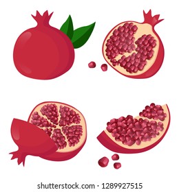 Flat vector set of sliced and whole pomegranates. Organic and tasty fruit full of juicy seeds. Natural food.Flat cartoon vector illustration.