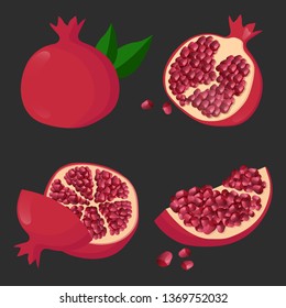 Flat vector set of sliced and whole pomegranates. Organic and tasty fruit full of juicy seeds. Natural food.Flat cartoon vector illustration.