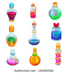 Flat vector set of small bottles with potions. Different glass vials with magic elixirs. Toxic liquids
