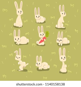 Flat vector set of small bunny in different poses on green grass. Funny animal with long ears. Elements for children book, postcard or print