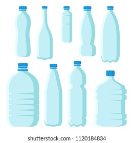 Flat vector set of small and large plastic bottles with blue lids. Empty transparent containers for mineral water or other drinks