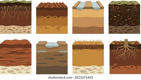 Flat vector set of soil cross sections illustrating topsoil, subsoil, plant roots, groundwater, sediment, stones, and bedrock. Suitable for agricultural education, geology lessons, environmental infographics, gardening guides, and scientific presentations.
