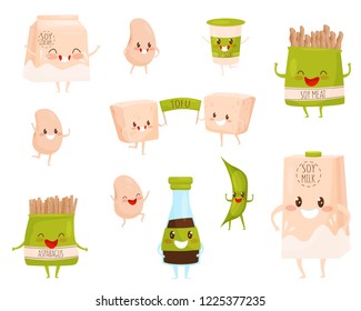 Flat vector set of soy products characters with cute faces. Milk and cream, cup of yogurt, soybeans and meat, tofu and sauce