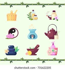 flat vector set of spa massage therapy cosmetics icons Illustration. eps10