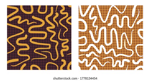 Flat vector set of spiral curly line art geometric abstract seamless pattern with dots for wallpaper, packaging and textile.