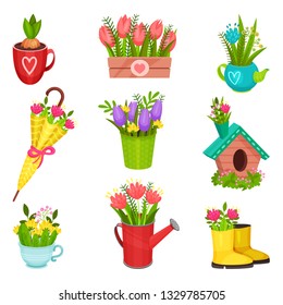 Flat vector set of spring compositions. Beautiful flowers in rubber boot, umbrella, watering can, teapot