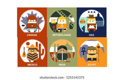 Flat vector set of square illustrations with people of different nationalities. Characters in traditional clothes