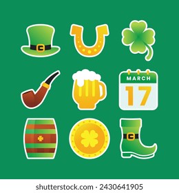 Flat vector set of St Patrick's Day celebration elements lucky objects icons set collection