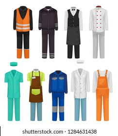 Flat vector set of staff clothing. Uniform of roadman, guard, hospital and restaurant workers. Workwear theme