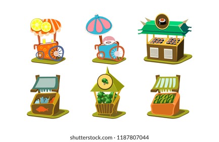 Flat vector set of stalls with fresh fish, sushi, broccoli and watermelons, carts with ice-ream and cotton candy