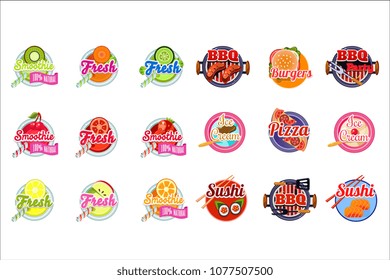 Flat vector set of stickers for fruit and vegetable smoothies, BBQ sauce and ice-cream. Original labels for packaging of sushi and pizza. Food and drinks