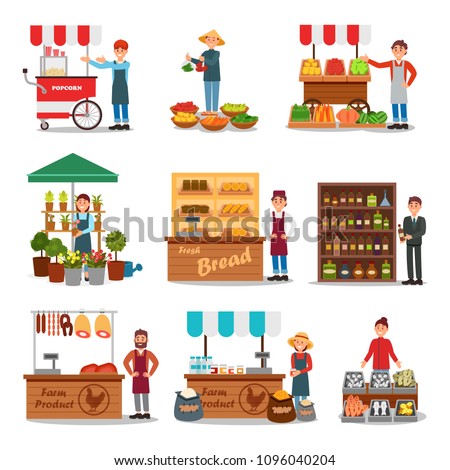 Flat vector set of street vendor selling various products. Seller near cart. Local farmers market. Fresh food on counters