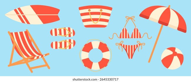 Flat vector set striped beach cartoon elements including umbrella, surfboard, swimsuit, chair, flipflops, bag, lifebuoy, ball in red and cream tones. For vacation, holiday, card, scrapbooking design.