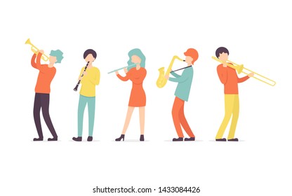 Flat vector set in a flat style of group of musicians, playing clarinet, saxophone, trumpet, flute, trombone instrument. Character collection.