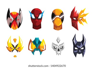 Flat vector set of superheroes masks. Clothing attribute for costumed party. Faces of heroes. Design for photo props or mobile app