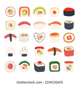 Juego de vectores planos de sushi, rollos, nigiri, gunkans. Cocina asiática tradicional. Diseño aislado en un fondo blanco.