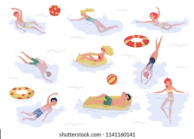 Flat vector set of swimming people. Young boys and girls in swimwear. Active recreation at sea. Summer holiday