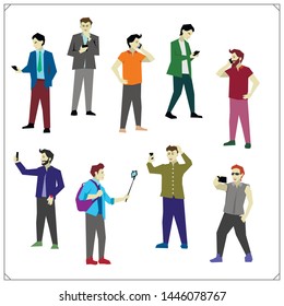 Flat vector set of taking selfie, holding smartphones and talking, texting and listening. People with mobile phones and smartphones. 