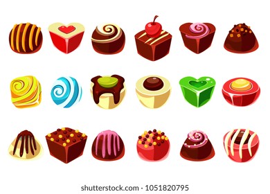 Flat vector set of tasty candies with various filling. Delicious chocolate sweets in different shapes (ball, heart, cube). Graphic design for confectionery shop