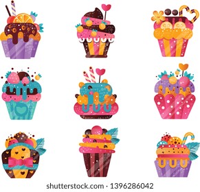 Flat vector set of tasty cupcakes with gradients and texture. Sweet muffins decorated with berries, fruits, candy canes and mint leaves