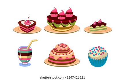 Flat vector set of tasty desserts. Appetizing cakes and pies, cupcake and cocktail. Sweet food and drink