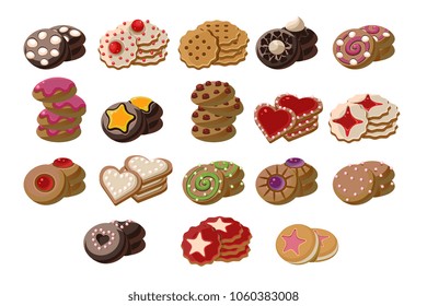 Flat vector set of tasty fresh-baked cookies with different flavours. Delicious pastry product. Sweet snacks for tea break. Cartoon elements for bakery shop menu