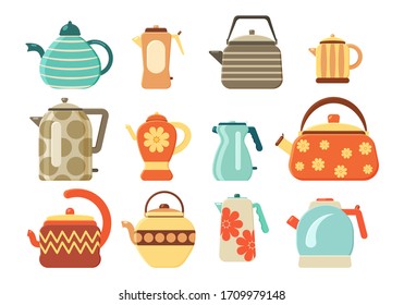 Flat vector set of tea kettles. Collection of teapots and kettles isolated on white background. Kitchen utensils. Home appliance for boiling water. Hot drink. Vector illustration, EPS 10.