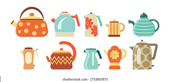 Flat vector set of tea kettles. Collection of teapots and kettles isolated on white background. Kitchen utensils. Home appliance for boiling water. Hot drink. Vector illustration, EPS 10.